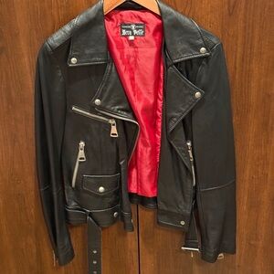 Vera Pelle Black Leather Moto Jacket with Red Lining (Silver Hardware)